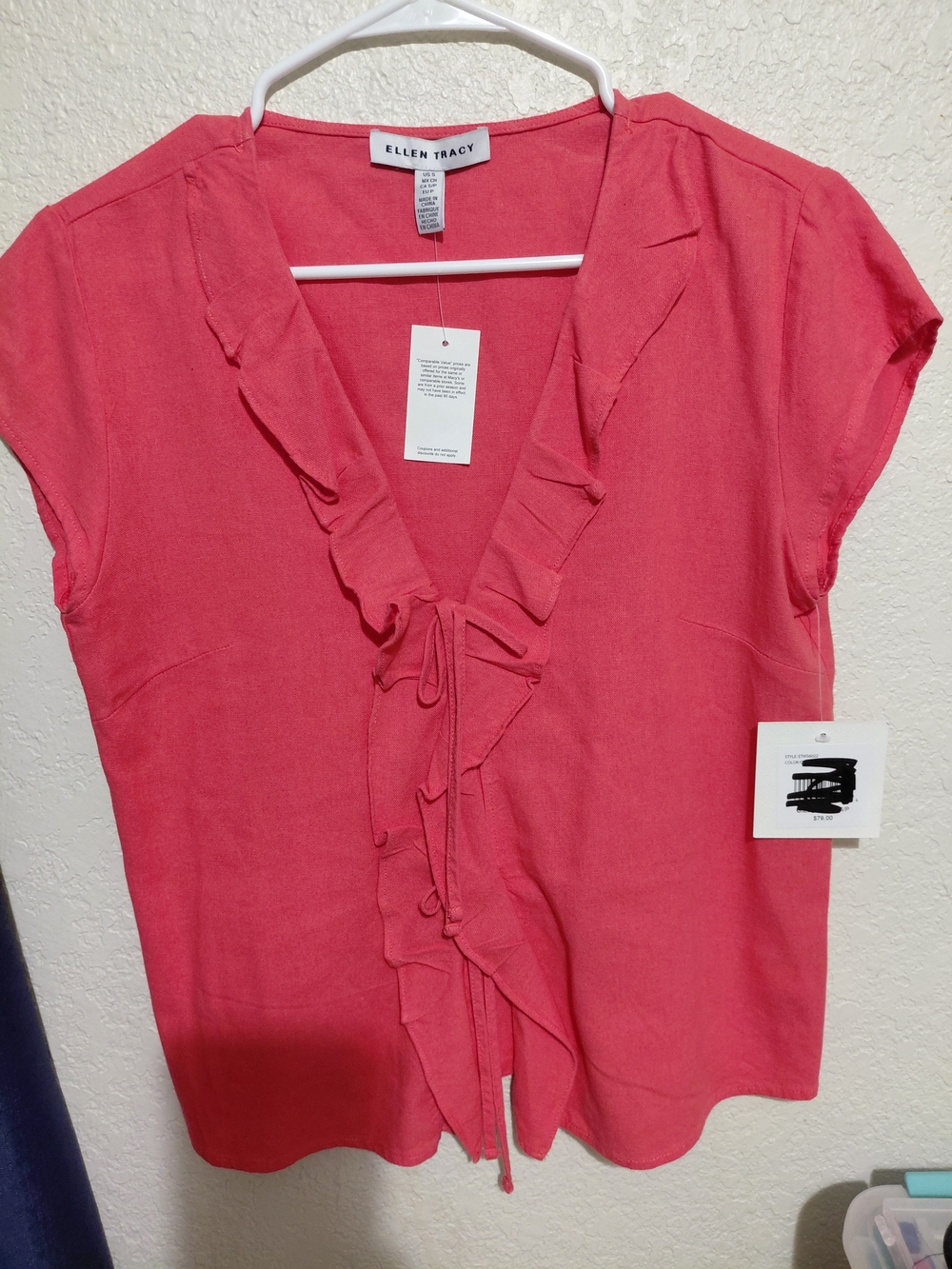 Ellen Tracy Coral Pink Ruffle Tie Front Blouse
